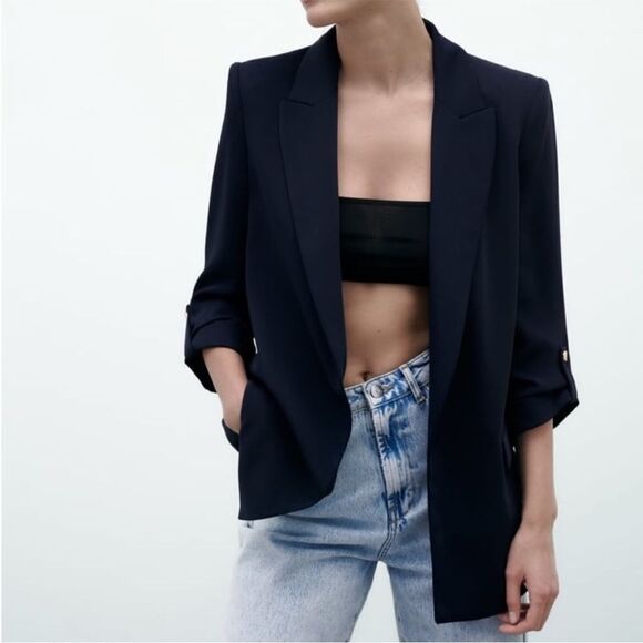 ZARA Oversized Open Front Roll Sleeve Blazer Black S - Picture 1 of 13